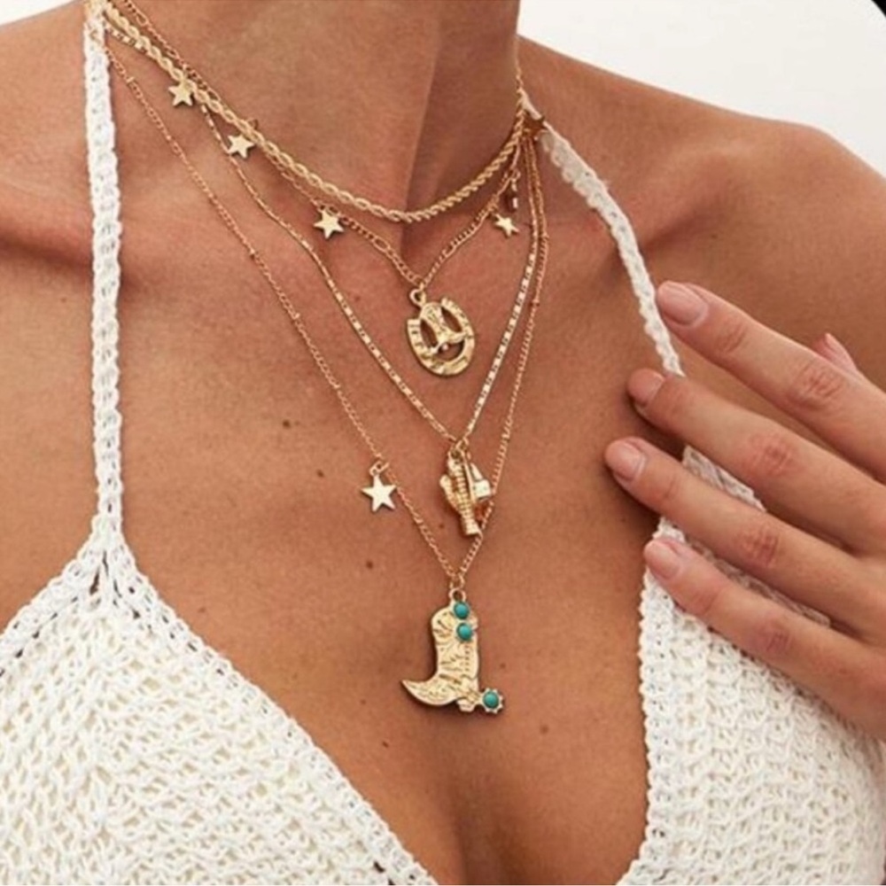 Layered 18k Gold plated Western Necklace Set Star, Horseshoe, Boot Cactus Charms